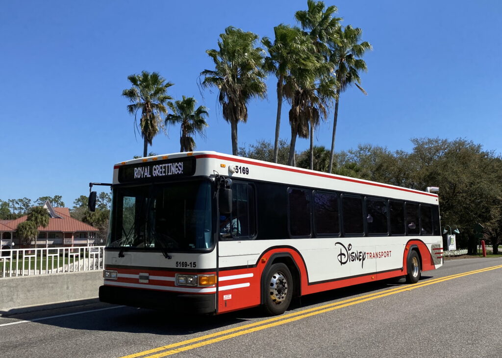 A red and white bus driving down a road with palm trees.