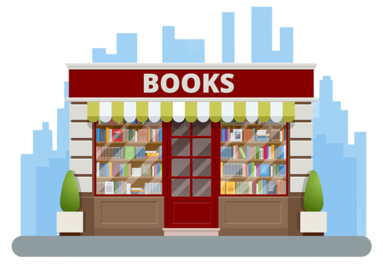 A book store with a red awning on a white background.